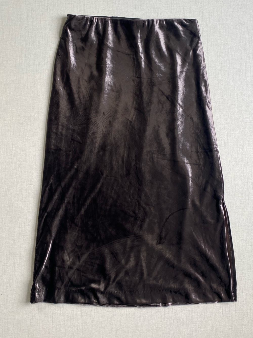 Ann Taylor Velvet Midi Skirt Size XS Grey Silver Liquid Metallic Slip PullOn - Picture 2 of 9